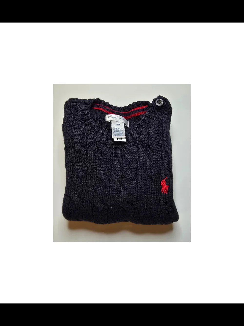 Ralph Lauren Navy Cable-Knit V-Neck Sweater with Red Pony